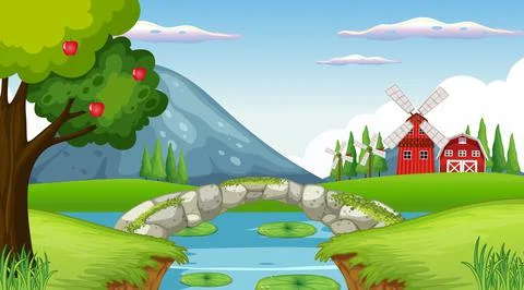 Farm background with stone bridge Stock Illustration