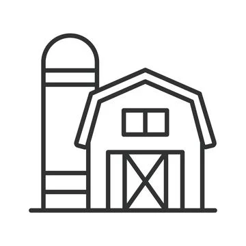 Farm barn and silo icon in line design. Farm, barn, silo, agriculture, rural Stock Illustration
