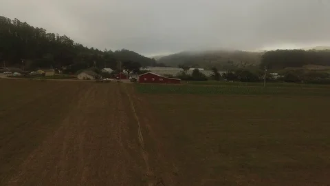 Farm Barn &amp; Crop Field Rows under Fog - Aerial Drone Stock Footage 71191982