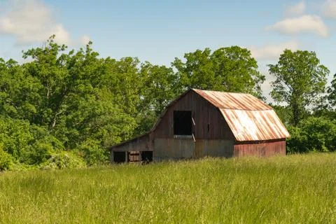 Farm barn falling down ruins abandoned repair in grass field and trees Foto stock