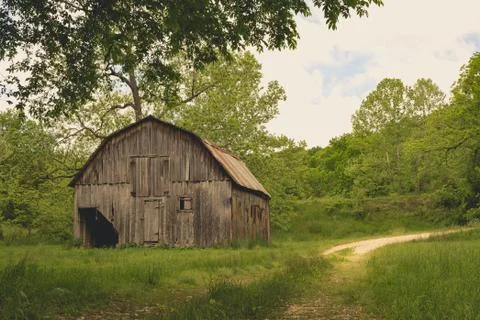 Farm barn falling down ruins abandoned repair in grass field and trees Stock Photos