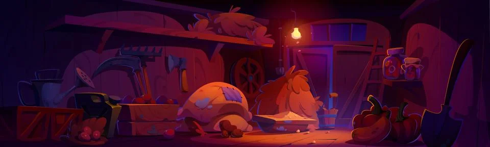 Farm barn inside with tools and crop at night. 스톡 일러스트
