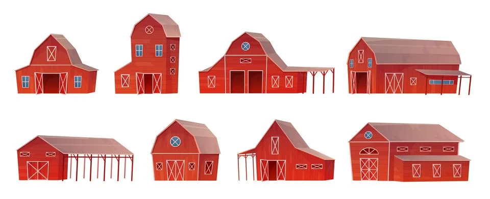Farm barn set, front view of rural red buildings, wooden houses of different Stock Illustration