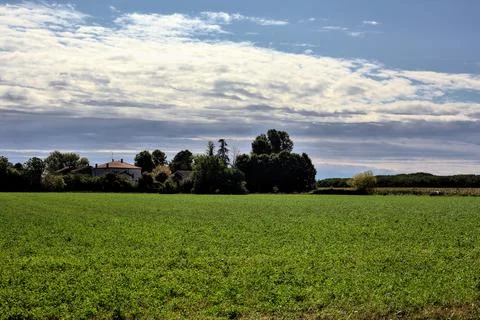 Farm bordered by trees in the middle of a field seen from the distance on a c Stock Photos