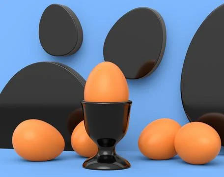 Farm brown egg in ceramic egg cup and scattered eggs on blue background 스톡 일러스트