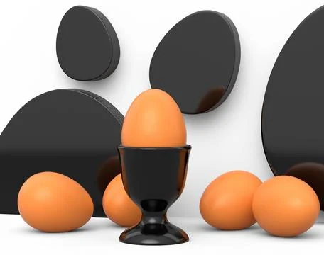 Farm brown egg in ceramic egg cup and scattered eggs on white background 스톡 일러스트
