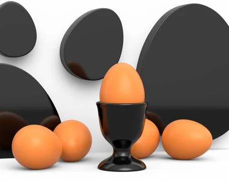 Farm brown egg in ceramic egg cup and scattered eggs on white background 스톡 일러스트