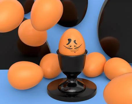 Farm brown egg with funny face in ceramic egg cup and scattered eggs 스톡 일러스트