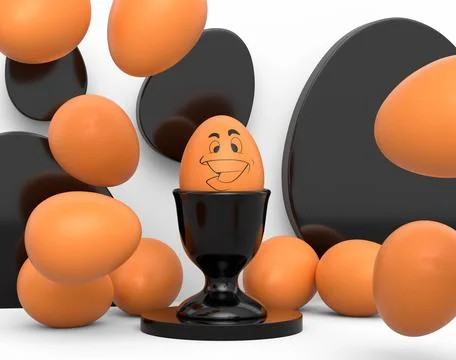 Farm brown egg with funny face in ceramic egg cup and scattered eggs 스톡 일러스트