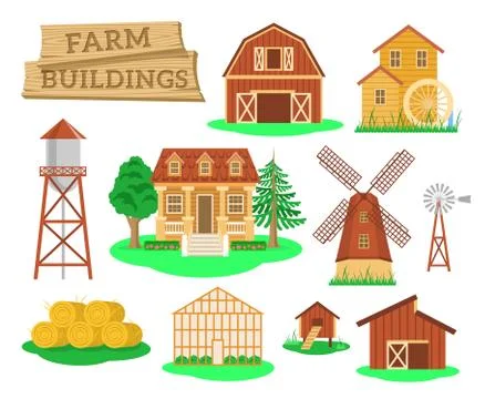 Farm buildings and constructions flat infographic elements Stock Illustration