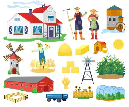 Farm buildings and constructions flat infographic vector elements set. Icons of Stock Illustration