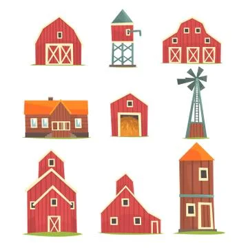 Farm buildings and constructions set, countryside life and agriculture industry Stock Illustration