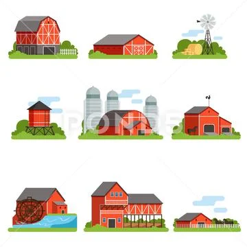 Farm buildings and constructions set, agriculture industry and countryside Stock Illustration