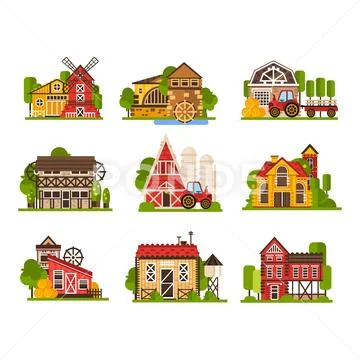Farm buildings set, agriculture industry and countryside constructions vector Stock Illustration