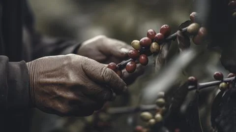 Farm coffee freshly picked by workers Stock Photos