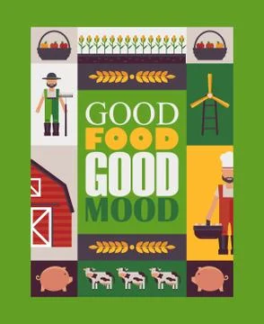 Farm collage, vector illustration. Set of flat style icons and farmstead Stock Illustration