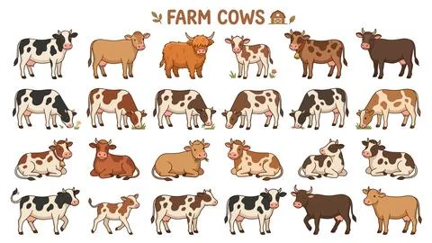 Farm cows vector element set depicting diverse cattle breeds in various gra.. Stock Illustration