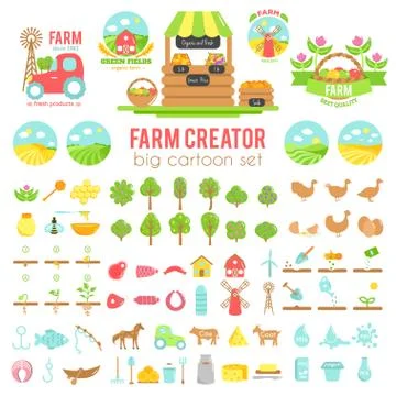 Farm creator. Big set of vector farming elements and animals background. Cartoon Stock Illustration
