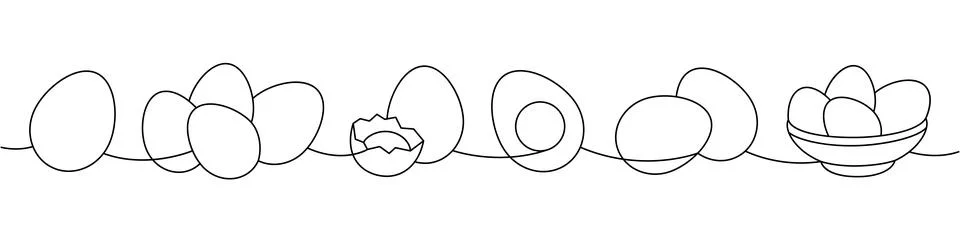 Farm eggs one line continuous drawing. Boiled eggs, broken eggshell, omelette Stock Illustration