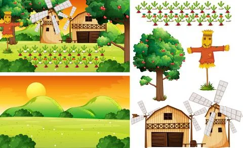 Farm element set isolated with farm scence Stock Illustration