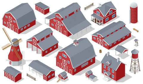 Farm Elements Isometric Set. Barn, Country House, Windmill, Greenhouse, Wind イラスト素材
