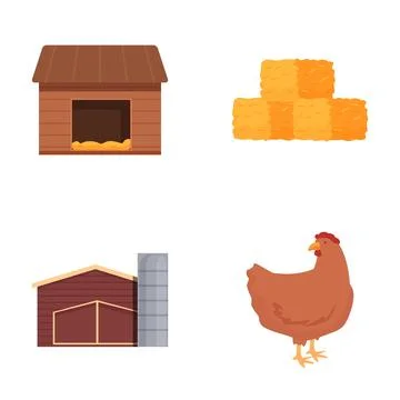 Farm elements vector set, chicken coop, hay bales, barn, chicken Stock Illustration