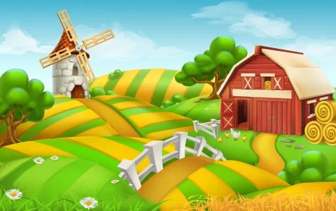 Farm field landscape, 3d vector background Stock Illustration