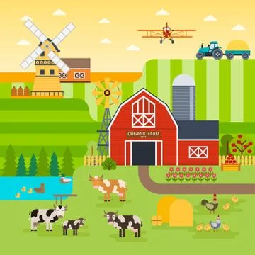 Farm flat vector landscape. Organic food concept for any design. Farm landscape Stock Illustration