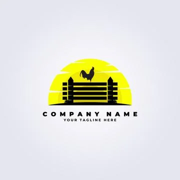 Farm fresh rooster logo vector illustration design, vintage sunrise fence Illustrazione stock