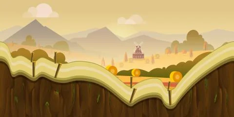 Farm game background 2d application. design. Tileable horizontally. Size Stock Illustration