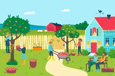 Farm garden with apple tree, vector illustration, flat man woman farmer Stock Illustration