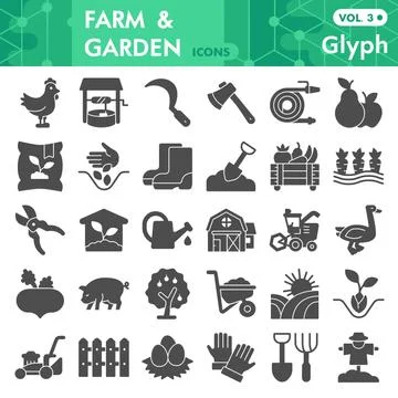 Farm garden solid icon set, Agriculture and farming symbols collection or Stock Illustration