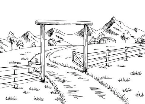 Farm gate graphic black white landscape sketch illustration vector Stock Illustration