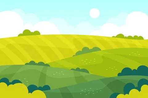Farm in grass fields, blue sky with clouds, green hills. Meadow landscape, ga Illustrazione stock