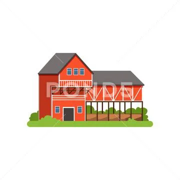 Farm house and barn, agricultural building, countryside life object vector Stock Illustration