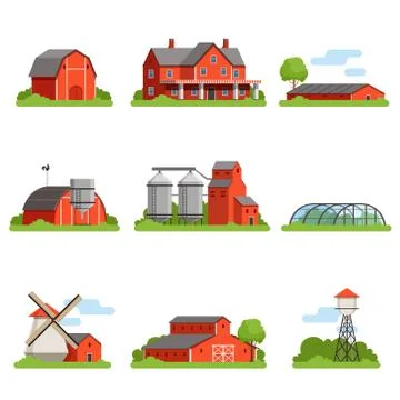 Farm house and constructions set, agriculture industry and countryside buildings Stock Illustration