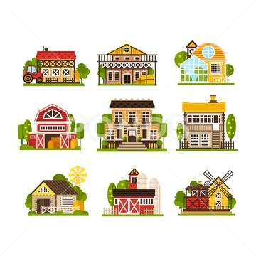 Farm houses and buildings set, agriculture industry and countryside Stock Illustration
