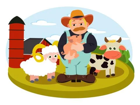 Farm illustration in vector with farmer Stock Illustration