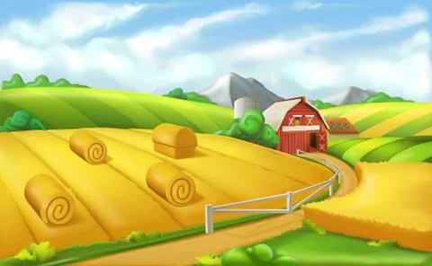 Farm. Landscape panorama, 3d vector illustration Stock Illustration
