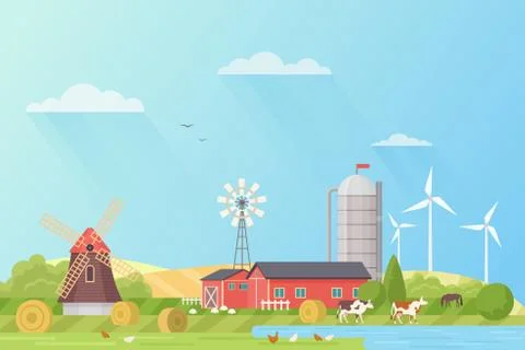 Farm landscape rural fields flat vector illustration Stock-Illustration