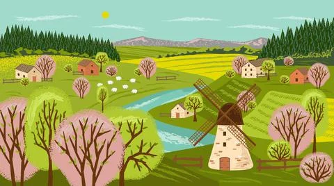 Farm landscape vector hand drawn poster. Rural countryside scene with house 스톡 일러스트