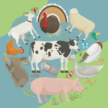 Farm life with animals banner vector illustration. Collection of cute pets Ilustração Stock