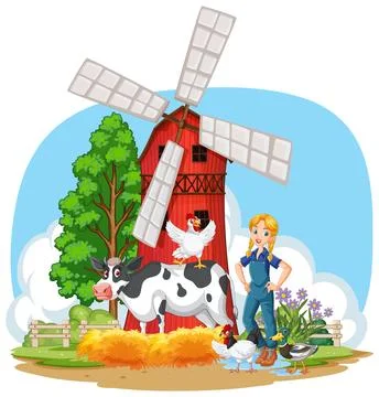 Farm Life with Windmill Stock Illustration