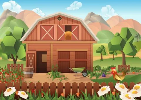 Farm low poly, vector background Stock Illustration