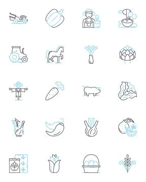 Farm management software linear icons set. Agribusiness, Crops, Livestock Stock Illustration