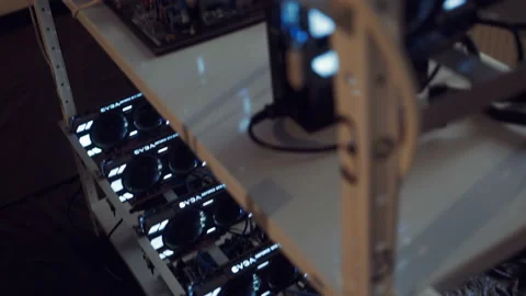 Farm for mining cryptocurrency on video cards. Virtual cryptocurrency concept. E Stock Footage 86112516