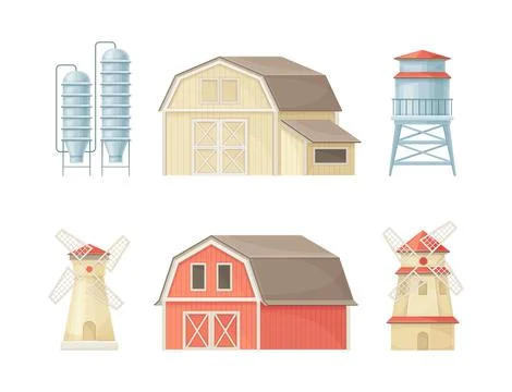 Farm objects set. Red barn, farmhouse, silo tower, windmill. Farming and Stock Illustration