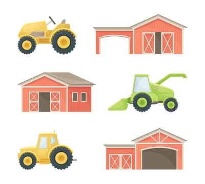 Farm objects set. Red barn, farmhouse, tractor. Farming and agriculture vector Illustrazione stock