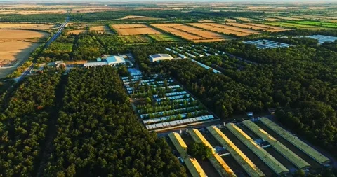 Farm Overlooking Large Storage Centre Built Across Main Road Modern Agriculture Stock Footage 300508878