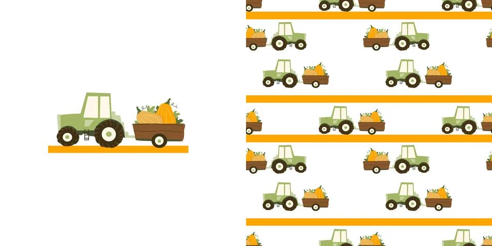 Farm pattern with cute tractor. Vector funny print for children's clothes, Illustrazione stock